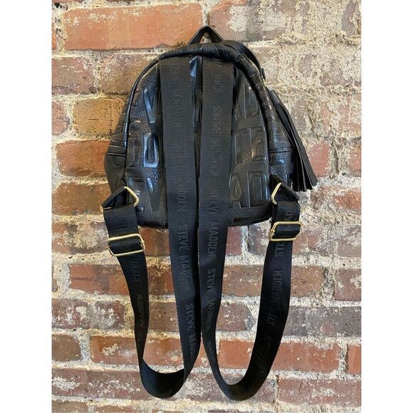 Steve Madden Mini Backpack Purse Black Embossed Leather Logo - Picture 2 of 13